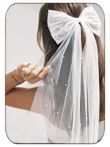 JONKY Wedding Bow Knot Veil White Pearl Hair Clip Tulle Bridal Short Veils Bachelorette Party Hair Accessories for Women and Girls (Style)
