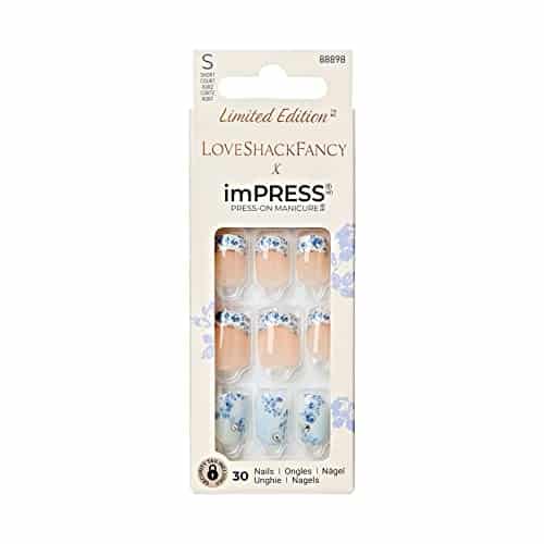 KISS LoveShackFancy x imPRESS Press On Manicure Limited Edition, Style Hydrangea Blue Short Square Blue Press On Nails, Includes Prep Pad, Mini Nail File, Cuticle Stick, & Fak