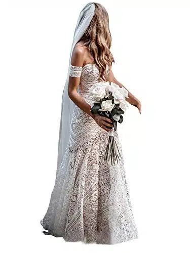 LIPOSA Bohemian Lace Wedding Dresses for Women Sweetheart Cuff Sleeves Long Sheath Beach Bridal Gowns Long (, Nude Lining)
