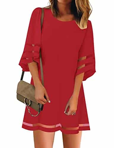 LookbookStore Red Dresses for Women Valentine's Day Dress True Red Daisy Print Dress for Valentines Day Casual Summer Wedding Guest Red Dress Women Bell Sleeve Tunic Shift Sho