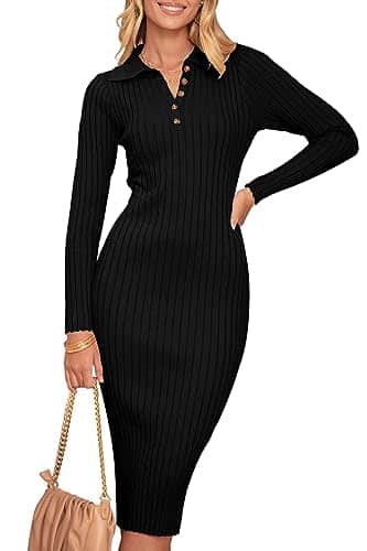 MEROKEETY Womens V Neck Ribbed Sweater Dress Long Sleeve Bodycon Knit Midi Dresses Black S