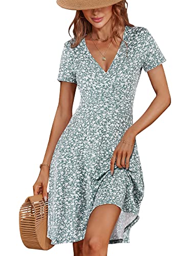 MSBASIC Petite Dresses for Women Short Sleeve Wrap V Neck Midi Casual Summer Dress(Green Floral ,S)