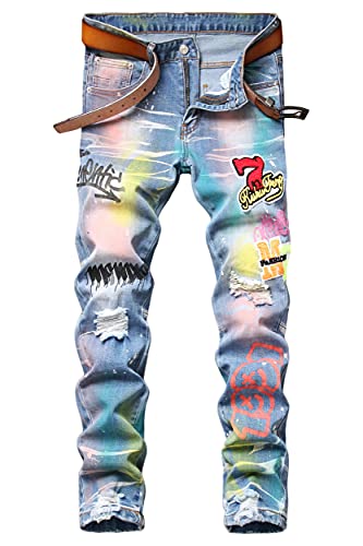 Men's Skinny Designer Printed Jeans Stylish Ripped Badge Patches Jeans,Badge Blue,