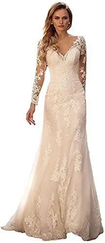 Mermaid Wedding Dresses for Bride with Long Lace Sleeves Appliques Tulle V Neck Simple Bridal Ball Gown for Women with Train White
