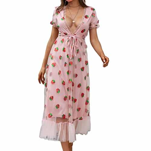 Mialoley Women Sequin Embroidered Strawberry Cocktail Dress Lace Up Mesh Yarn Plunge V Neck A line Pleated Maxi Dresses