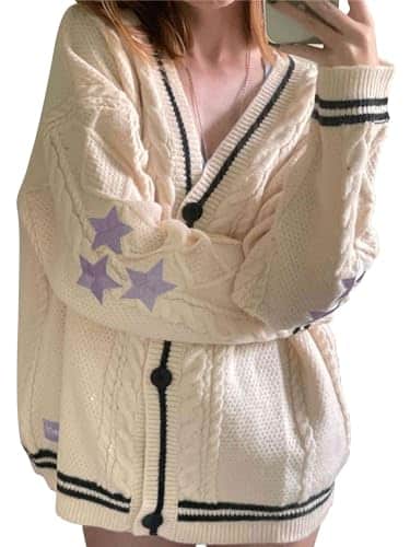 Mincib Womens Cardigan Sweaters Folklore Cardigan V Neck Knitted Star Print Concert Knitwear Outerwear(Beige,S)