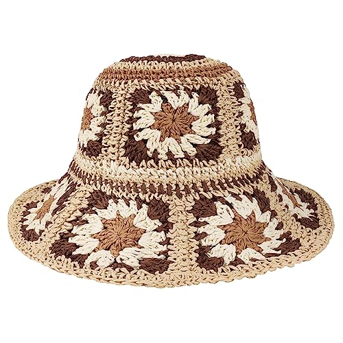 Multicolor Floral Crochet Straw Sun Hat Foldable Packable Wide Brim Bucket Hat Summer Beach Hat for Women (Khaki)