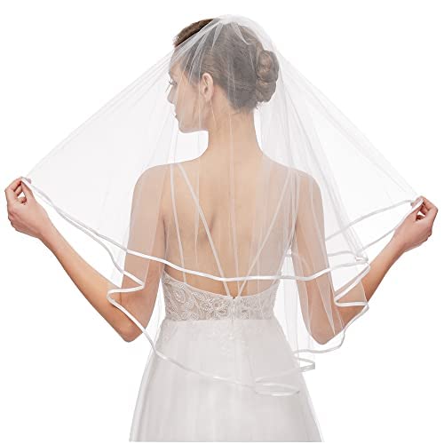 Nanchor Bridal Veil Women's Simple Tulle Short Wedding Veil Ribbon Edge with Comb for Wedding Bachelorette Party (White) 
