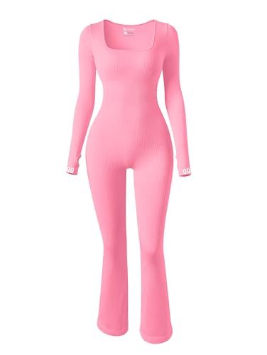 OQQ Women Yoga Jumpsuits Ribbed Exercise Long Sleeve Tops Bell Bottoms Jumpsuits Candypink