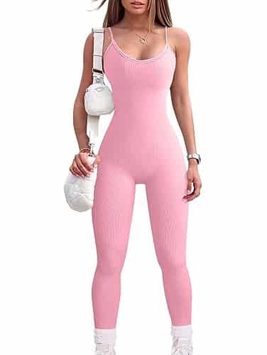 OQQ Women's Yoga Jumpsuits Sexy Ribbed One Piece Spaghetti Straps Tummy Control JumpSuits Pink