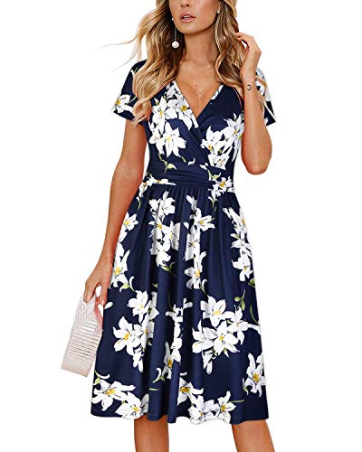 OUGES Women's Summer Short Sleeve V Neck Knee Length Casual Tropical Dresses with Pockets Summer Dress (Floral,S)