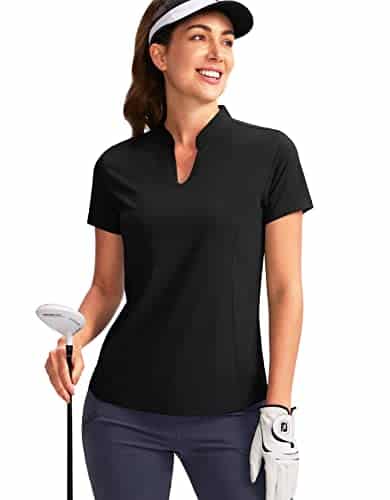 Obla Women's Golf Polo Shirt V Neck Short Sleeve Collarless Quick Dry Tennis Running T Shirt Golf Tops for Women(Black_M)