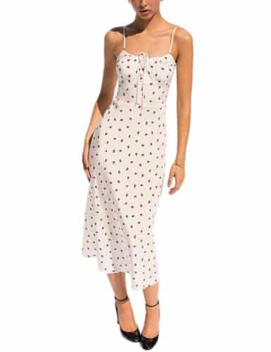 Omoone Women's Floral Dress Low Cut Square Neck Spaghetti Strap Tie Bodycorn Dresses(hiteStrawberry M)