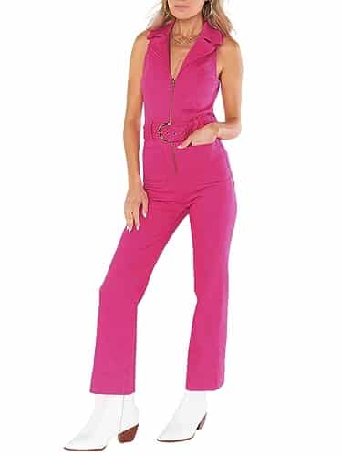 PLNOTME Women's Sleeveless Denim Jumpsuits Zip Up Belted Straight Leg Jeans Long Rompers