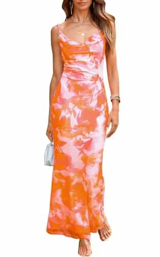 PRETTYGARDEN Floral Summer Wedding Guest Dresses for Women Adjustable Straps Sexy Dress Sleeveless Mesh Bodycon Maxi Dress (Light Orange,Medium)