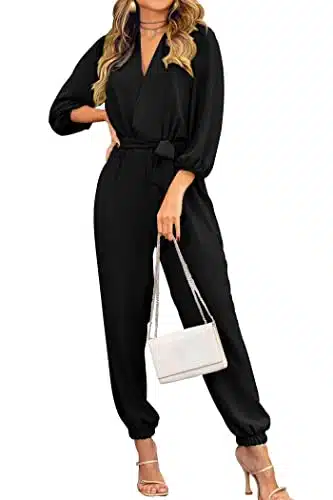 PRETTYGARDEN Women's Fall Jumpsuits Casual Dressy One Piece Outfits V Neck Long Sleeve Belt Pockets Long Pants Romper (Black,Medium)