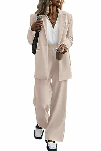 PRETTYGARDEN Women's Fall Two Piece Outfits Blazer Jacket and Wide Leg Pants Pockets Business Casual Suit Sets (Beige,X Large)