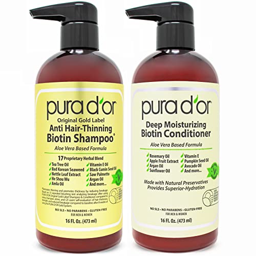 PURA D'OR Anti Thinning Biotin Shampoo and Conditioner Natural Earthy Scent,Clinically Tested Proven Results DHT Blocker Thickening Products For Women & Men,Original Gold Labe