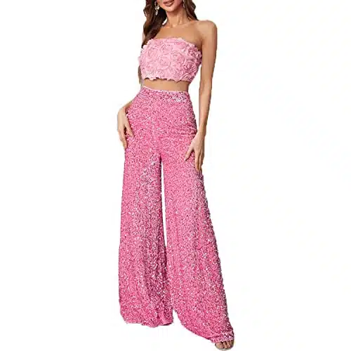 Piece Set D Flower Strapless Crop Tube Top Prom Tops High Waist Sequin Flare Leg Pants Loose Trousers Jumpsuits Taffy Pink L