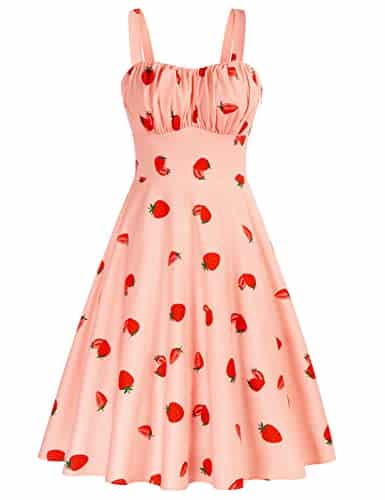 Retro Dresses for Women Vintage s Dresses Floral A Line Swing Midi Sun Dresses Women Summer Strawberry X Large