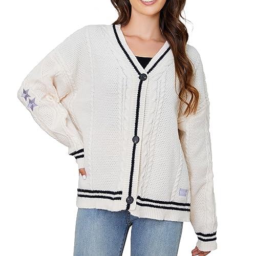Rixiland Womens Casual Cardigan Long Sleeve v Neck Open Front Knitted Star Print Button Down Jumper Knitwear Beige
