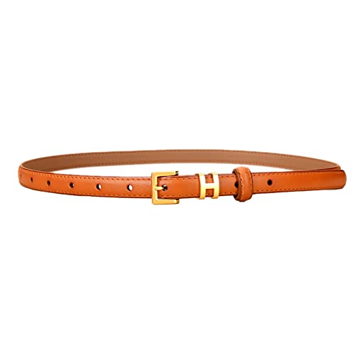 SPOMUNT Women Gold H Design Skinny Leather Belt Thin Waist Jeans Belt for Pants in Pin Buckle Belt, Womens Belts for Dress (Orange, cm(Fits pants size ))