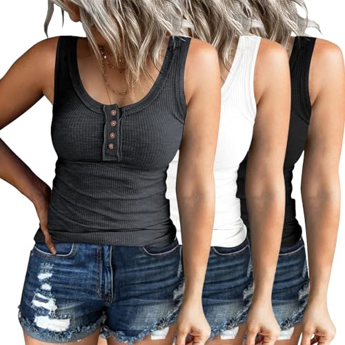 SUNBS Pack Womens Summer Tank Tops Ribbed Going Out Outfits Henley Spring Casual Sleeveless Basic Cute Cami Slim Fitted Button Down Blouses Trendy Clothes