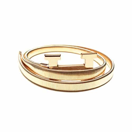 Torostra Womens Metal Stretch Belts Elastic Waist Cinch Belt Fashion Thin Belts for Dress (H Shape Gold)