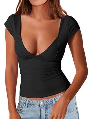 Trendy Queen Womens Going Out Tops Sexy Backless V Neck Short Sleeve T Shirts Summer Shirts Basic Cute Crop Tops Bustier Corset Cami YK Clothes Black