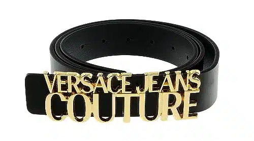 Versace Jeans Couture BlackGold Lettering Buckle Leather Belt for Mens