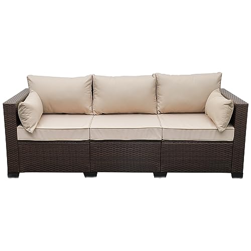 WAROOM Patio Couch PE Wicker Seat Outdoor Brown Rattan Sofa Deep Seating Furniture with Non Slip Beige Cushion
