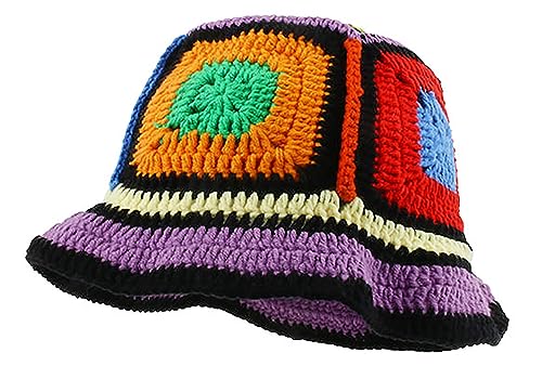 Women Crochet Hat Knitted Floral Bucket Hat Handmade Plaid Fisherman Hat for Women Fall Spring Winter Summer Blue