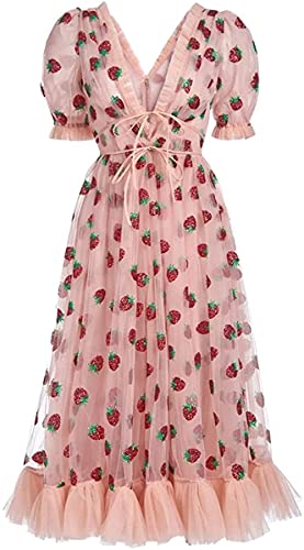 Women Embroidered Sequin Strawberry Cocktail Dresses Plunge V Neck Lace Up Pleated Mesh Midi Party Dress