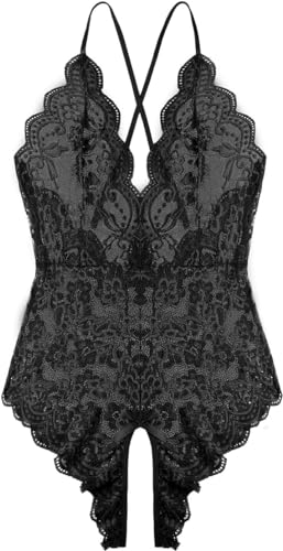 Women One Piece Lingerie Sexy Teddy Lingerie V Neck Sexy Bodysuit Lace Nightie (Black, X Large)