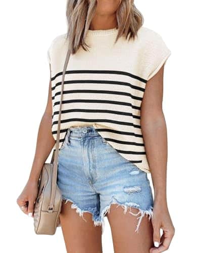 Womens Cap Sleeve Summer Tops Trendy Striped Crew Neck Short Sleeve Lightweight Knit Sweater Tops