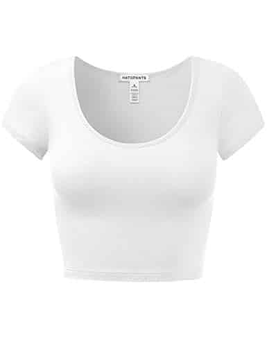 Women's Cotton Basic Scoop Neck Crop Short Sleeve Tops White S