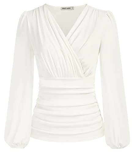 Womens White Tops Long Sleeve Work Shirt Elegant V Neck Slim Fitted Casual Fall Wrap Blouse White XL