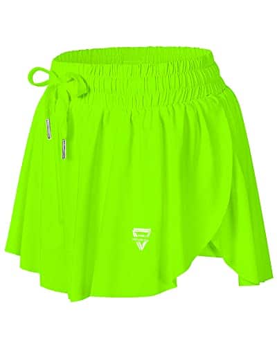 Wsirmet Womens Shorts Flowy Athletic Workout Gym Biker Shorts with Pockets High Wasited Spandex Butterfly Shorts Skirts Neon Green