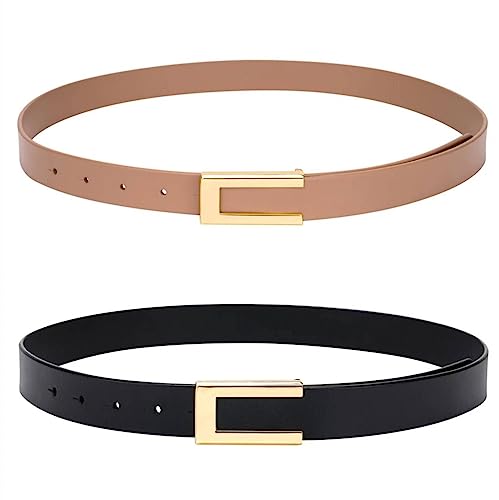 YooAi Womens Leather Belt Skinny Waist Belt for Dresses Jeans Pants with Gold Buckle Black+Khaki
