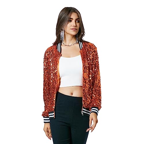 Yutuwomsfushi Womens Long Sleeve Sequin Open Front Zipper Jacket with Ribbed Cuffs Christmas Orange small