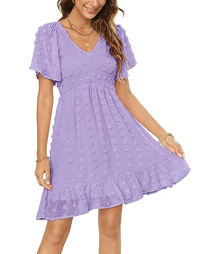 Zattcas Womens Smocked Mini Dress Short Sleeve V Neck Swiss Dot Babydoll Dress Lavender XS