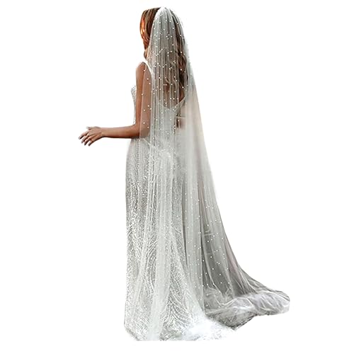 chrumeshi Long Wedding Bride Veil Pearl Chapel Length Veils For Women With Comb ( inch, white)