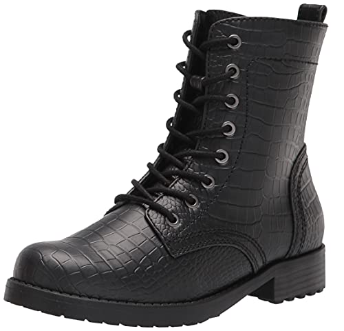 Amazon Essentials Women's Lace Up Combat Boot, Black Crocodile Print,