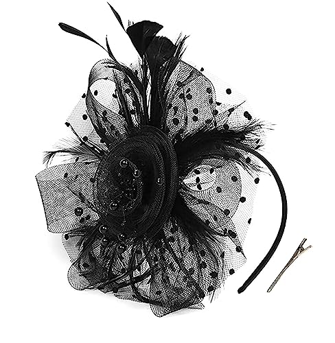 Durzasvo Women's Fascinators Tea Party Wedding Derby Mesh Flower Pearl Feather Fascinator Hat with Headband and Clip Black