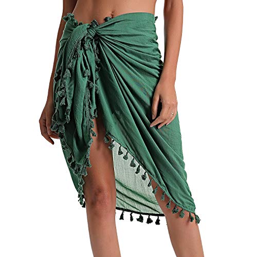 Eicolorte Beach Sarong Pareo for Women Boho Bathing Suit Bikini Swim Cover Up Wrap Skirt (Blackish Green Short)
