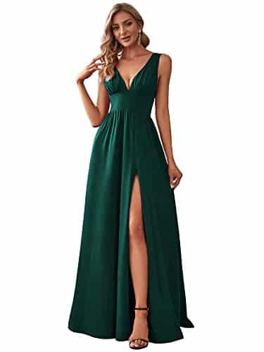 Ever Pretty Women's Bridemaids Dresses Deep V Neck Sleeveless Side Slit Floor Length Wedding Guest Dress Dark Green
