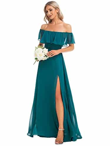 Ever Pretty Women's Off The Shoulder Bridesmaid Dresses Side Split Beach Maxi Formal Dress Teal