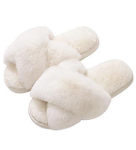 Evshine Women's Fuzzy Slippers Cross Band Memory Foam House Slippers Open Toe Indoor Outdoor Shoes, White, ()