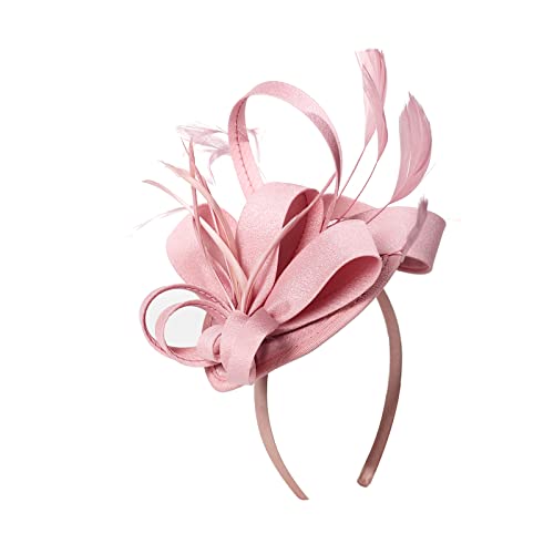 FELIZHOUSE Fascinator Hats Headband Feather Satin Headpieces Tea Party Hat Wedding Church Bridal Headwear for Women Girls (Nude Pink)