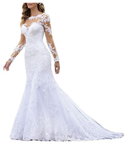 Fanciest Women's Long Sleeve Lace Wedding Dresses for Bride ermaid White Wedding Gowns Bridal Dresses